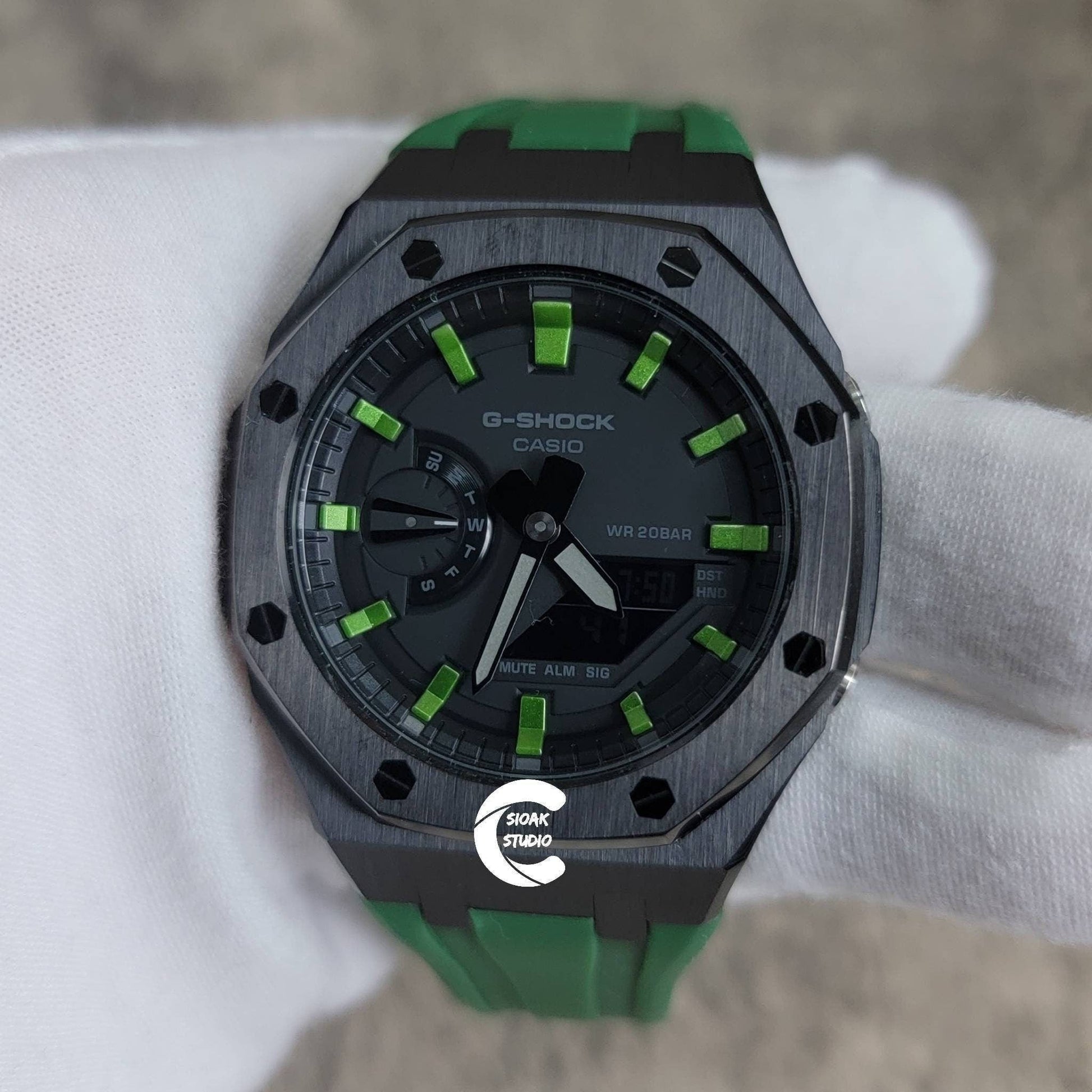 Casioak Mod Watch Black Case Green Rubber Strap Black  Green Time Mark Black Dial 44mm - Casioak Studio