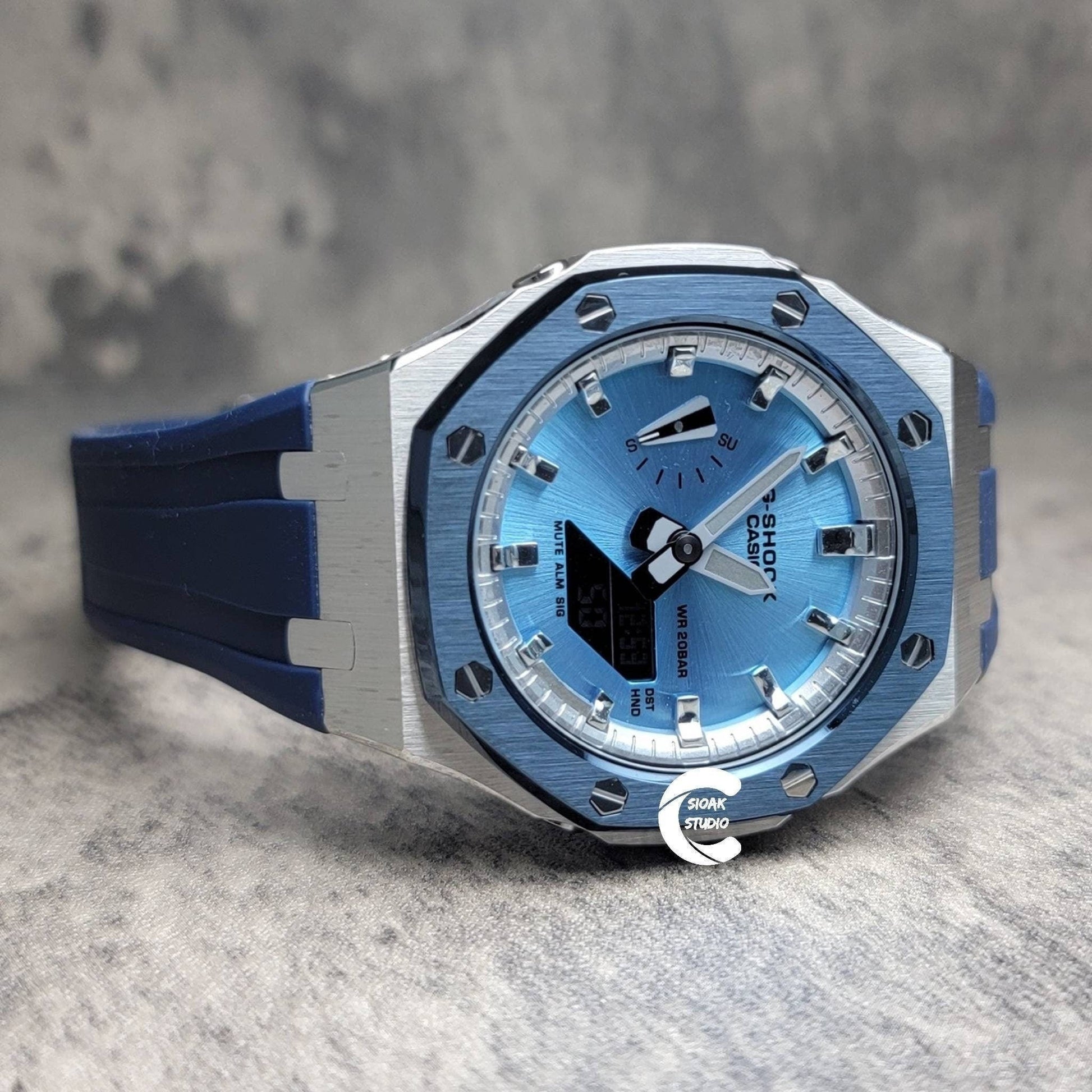 Casioak Mod Watch Blue Silver Case Blue Rubber Strap Silver Time Mark Ice  Blue Dial 44mm - Casioak Studio