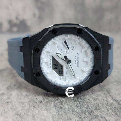 Casioak Mod Watch Black Case Gray Rubber Strap White Time Mark White Dial 42mm - Casioak Studio