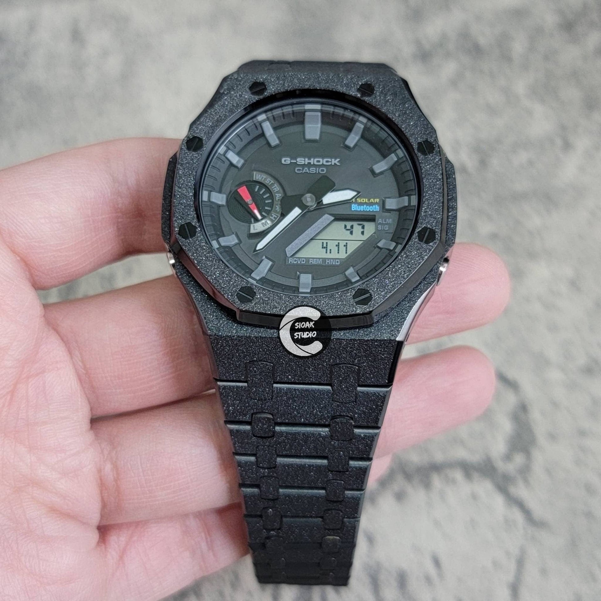 Casioak Mod Watch Solar Bluetooth Frosted Black Case Metal Strap Black Gray Time Mark Black Dial 44mm - Casioak Studio