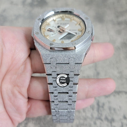 Casioak Mod Watch Frosted Silver Case Metal Strap Rise Gold Time Mark Silver Dial 44mm - Casioak Studio