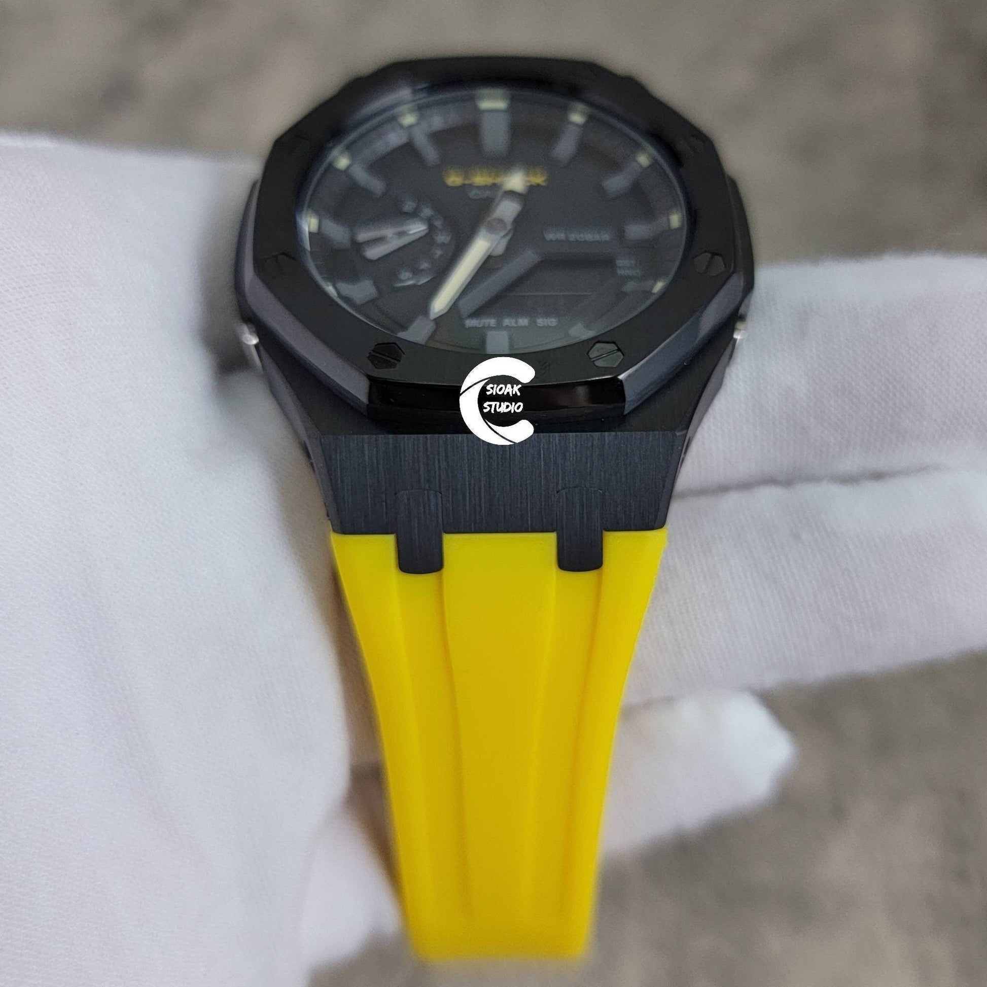 Casioak Mod Watch Black Case Yellow Rubber Strap Black Gray Time Mark Black Dial 44mm - Casioak Studio