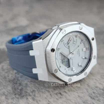 Casioak Mod Watch Silver Case Gray Rubber Strap White Silver Time Mark White Dial 42mm - Casioak Studio