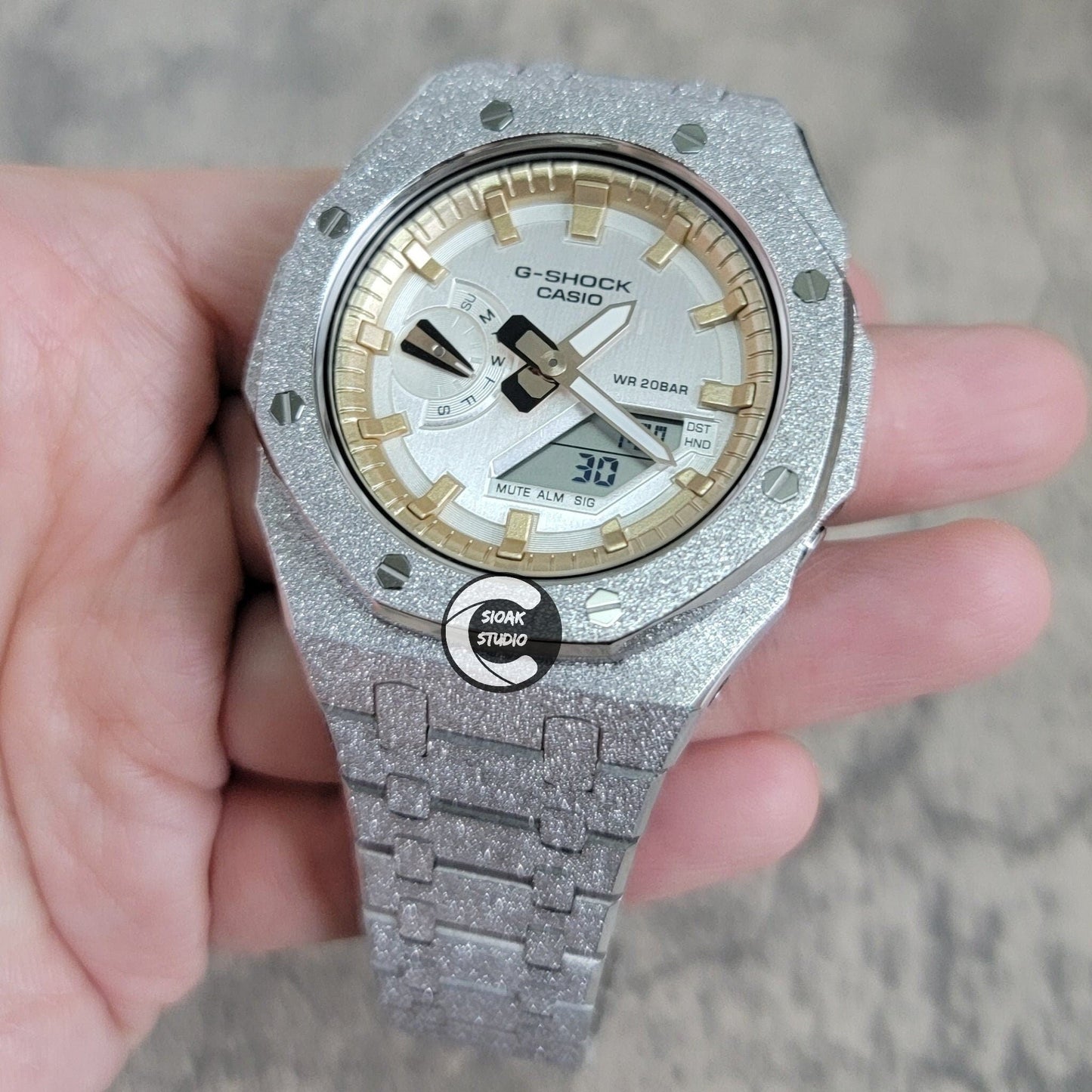 Casioak Mod Watch Frosted Silver Case Metal Strap Rise Gold Time Mark Silver Dial 44mm - Casioak Studio