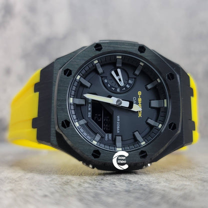 Casioak Mod Watch Black Case Yellow Rubber Strap Black Gray Time Mark Black Dial 44mm - Casioak Studio