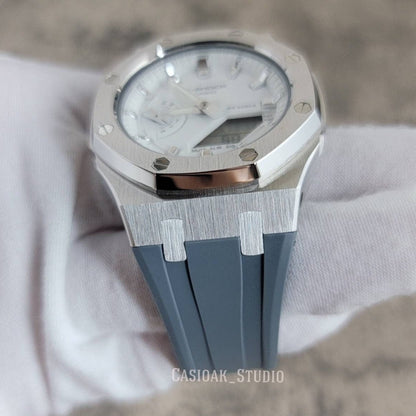 Casioak Mod Watch Silver Case Gray Rubber Strap White Silver Time Mark White Dial 42mm - Casioak Studio