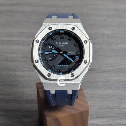 Casioak Mod Watch Silver Case Blue Rubber Strap Black Time Mark Black Dial 44mm - Casioak Studio