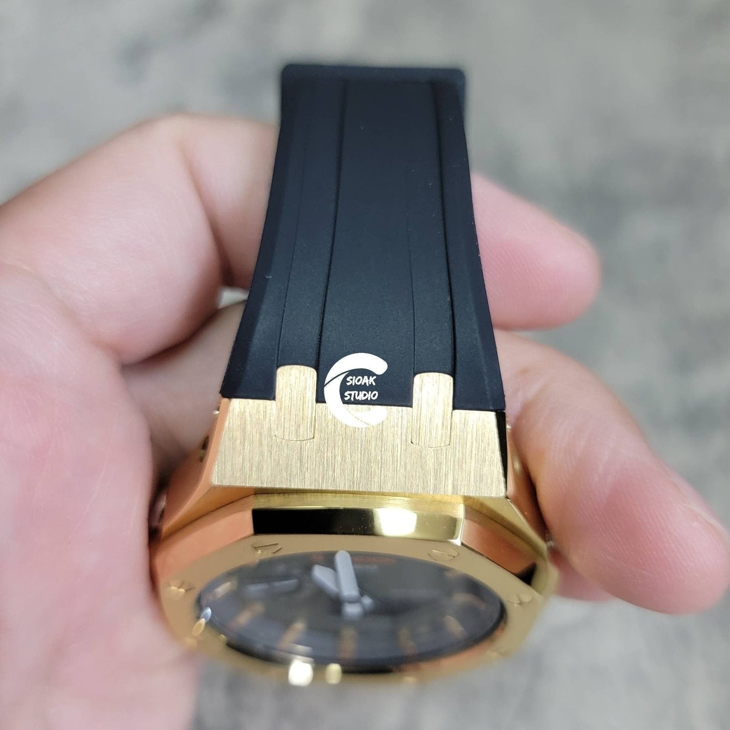 Casioak Mod Watch Gold Case Black Rubber Strap Black Gold Time Mark OIive Dial 44mm - Casioak Studio