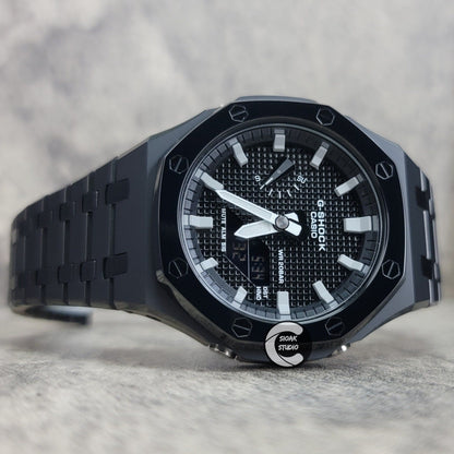 Casioak Mod Watch Polished Black Case Metal Strap Black Grey Time Mark Black Waffle Dial 44mm - Casioak Studio