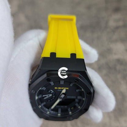 Casioak Mod Watch Black Case Yellow Rubber Strap Black Gray Time Mark Black Dial 44mm - Casioak Studio