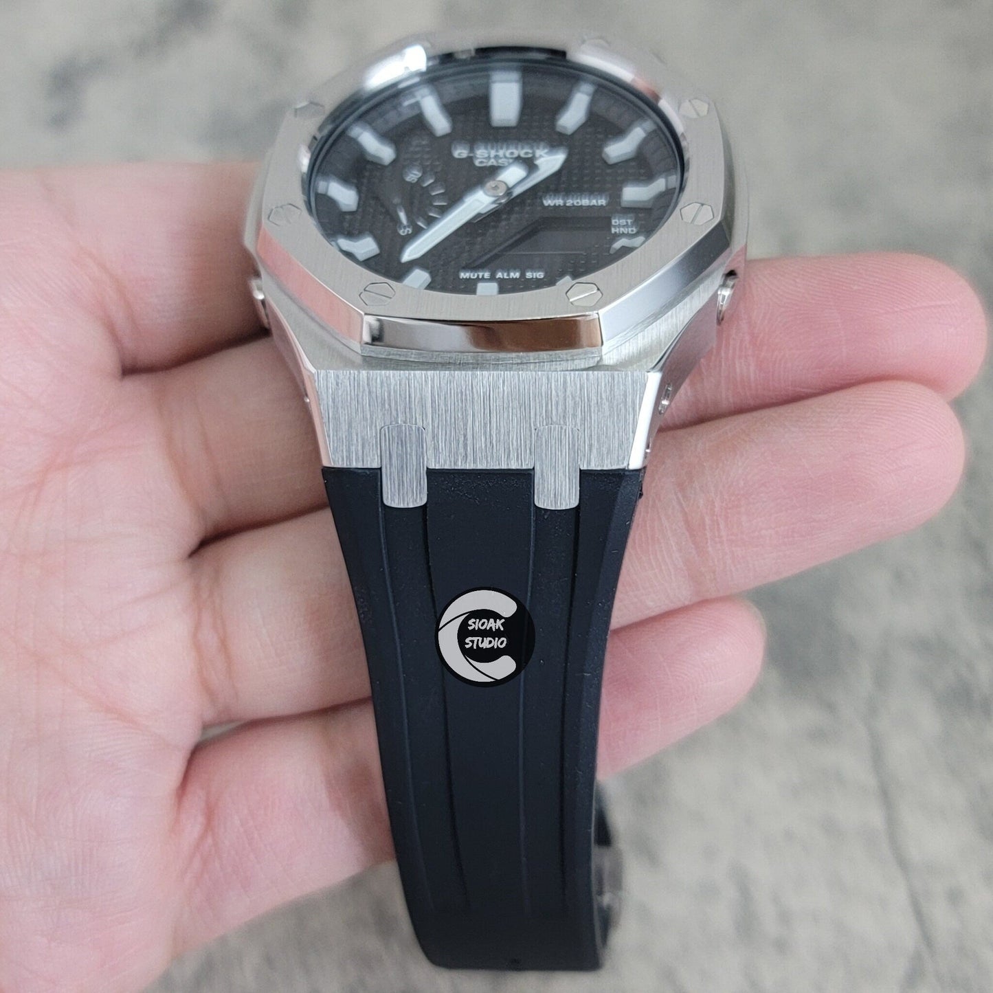 Casioak Mod Watch Silver Case Black Rubber Strap Black Grey Time Mark Black Waffle Dial 44mm - Casioak Studio