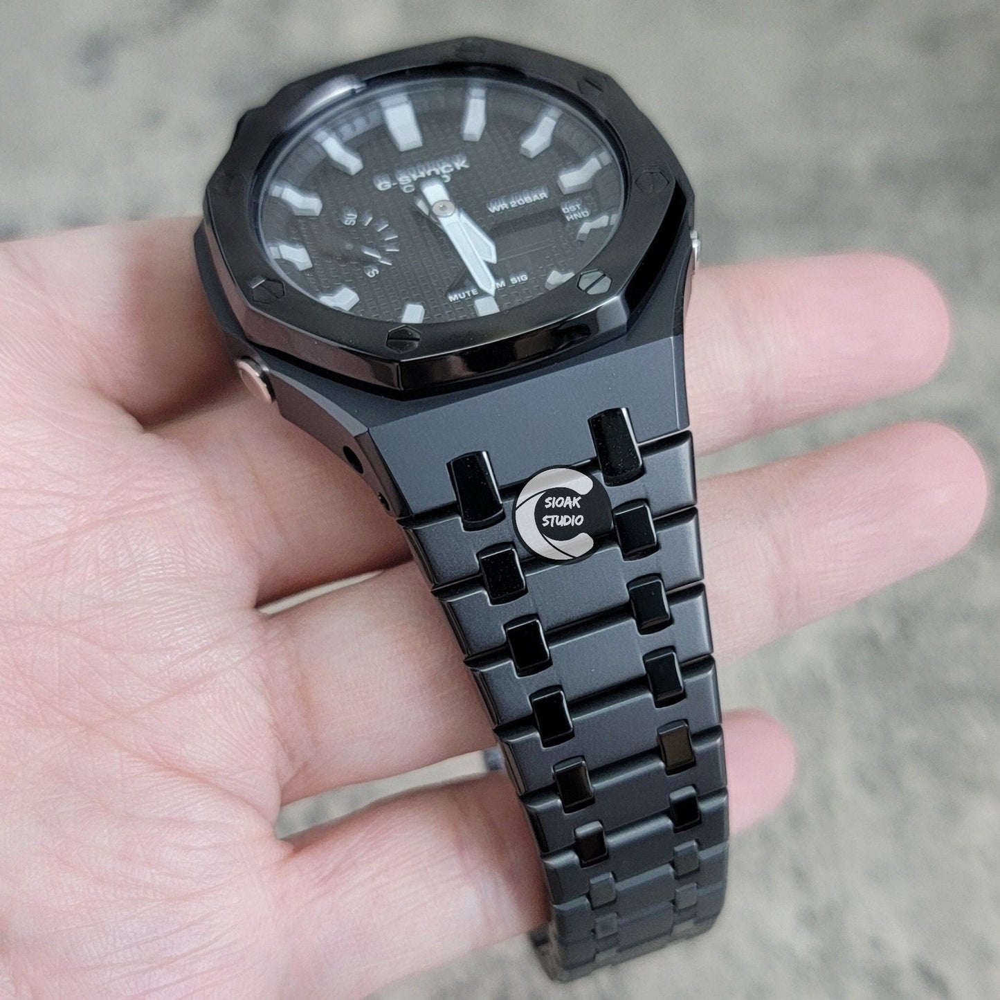 Casioak Mod Watch Polished Black Case Metal Strap Black Grey Time Mark Black Waffle Dial 44mm - Casioak Studio