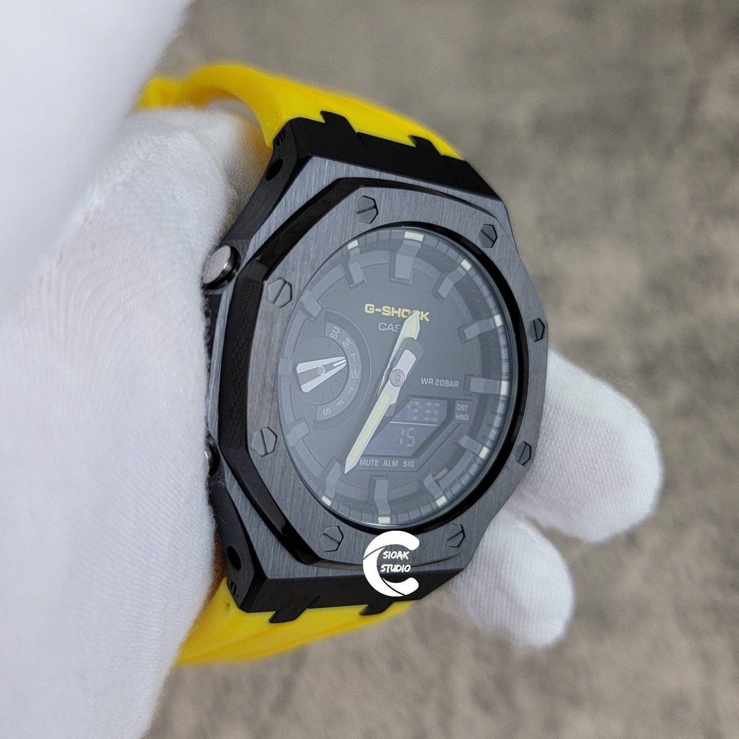 Casioak Mod Watch Black Case Yellow Rubber Strap Black Gray Time Mark Black Dial 44mm - Casioak Studio