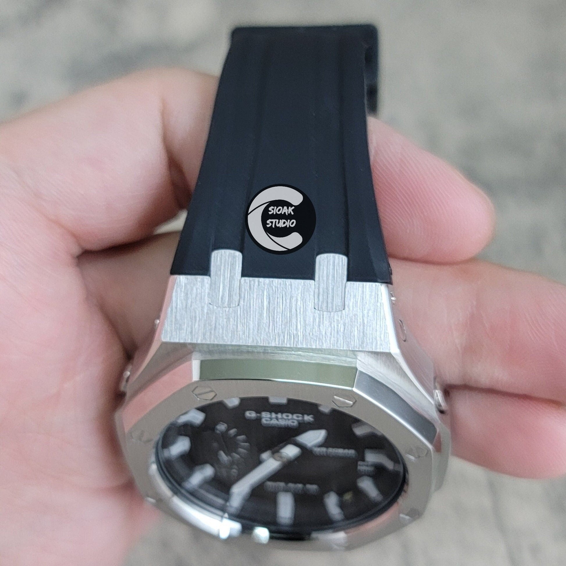 Casioak Mod Watch Silver Case Black Rubber Strap Black Grey Time Mark Black Waffle Dial 44mm - Casioak Studio