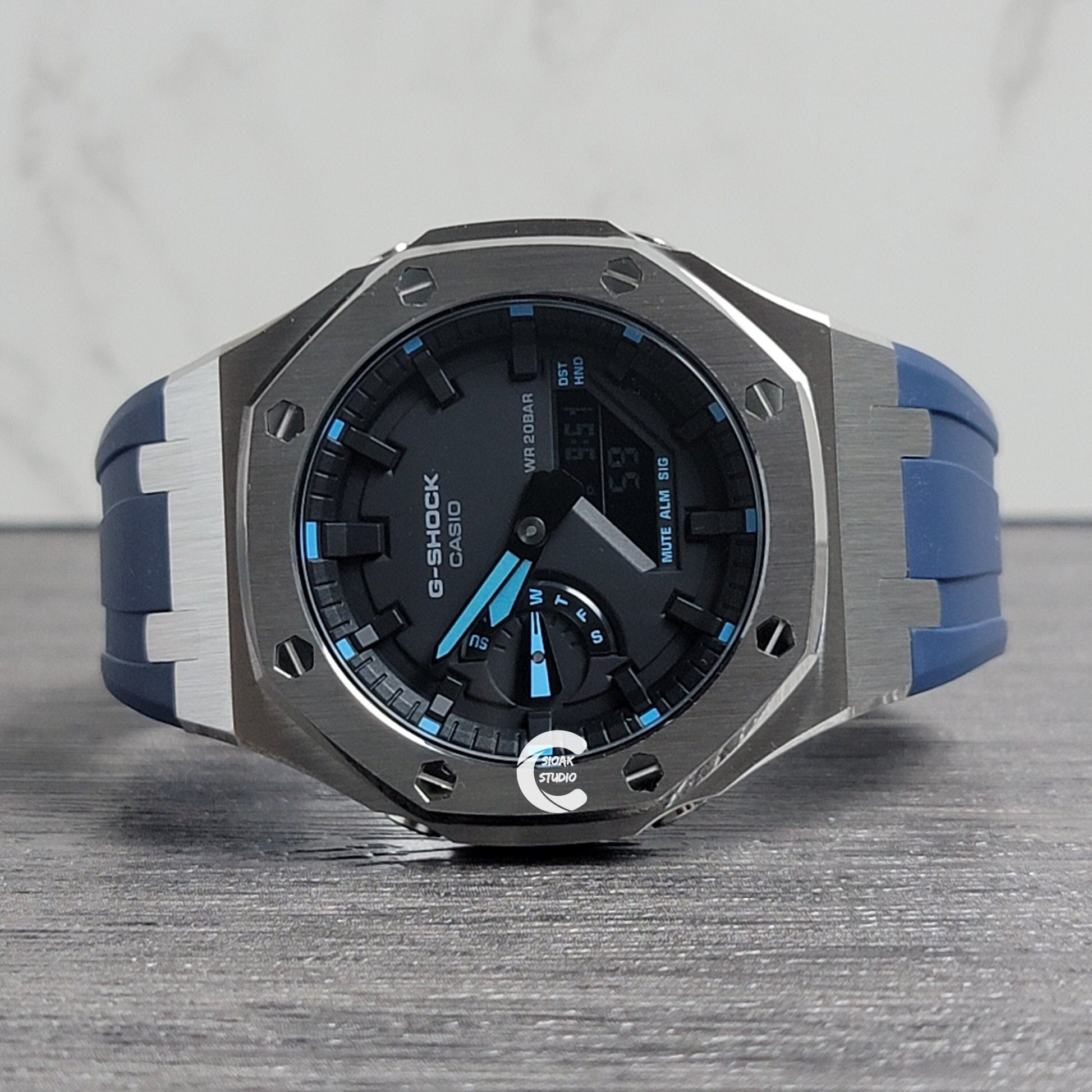 Casioak Mod Watch Silver Case Blue Rubber Strap Black Time Mark Black Dial 44mm - Casioak Studio