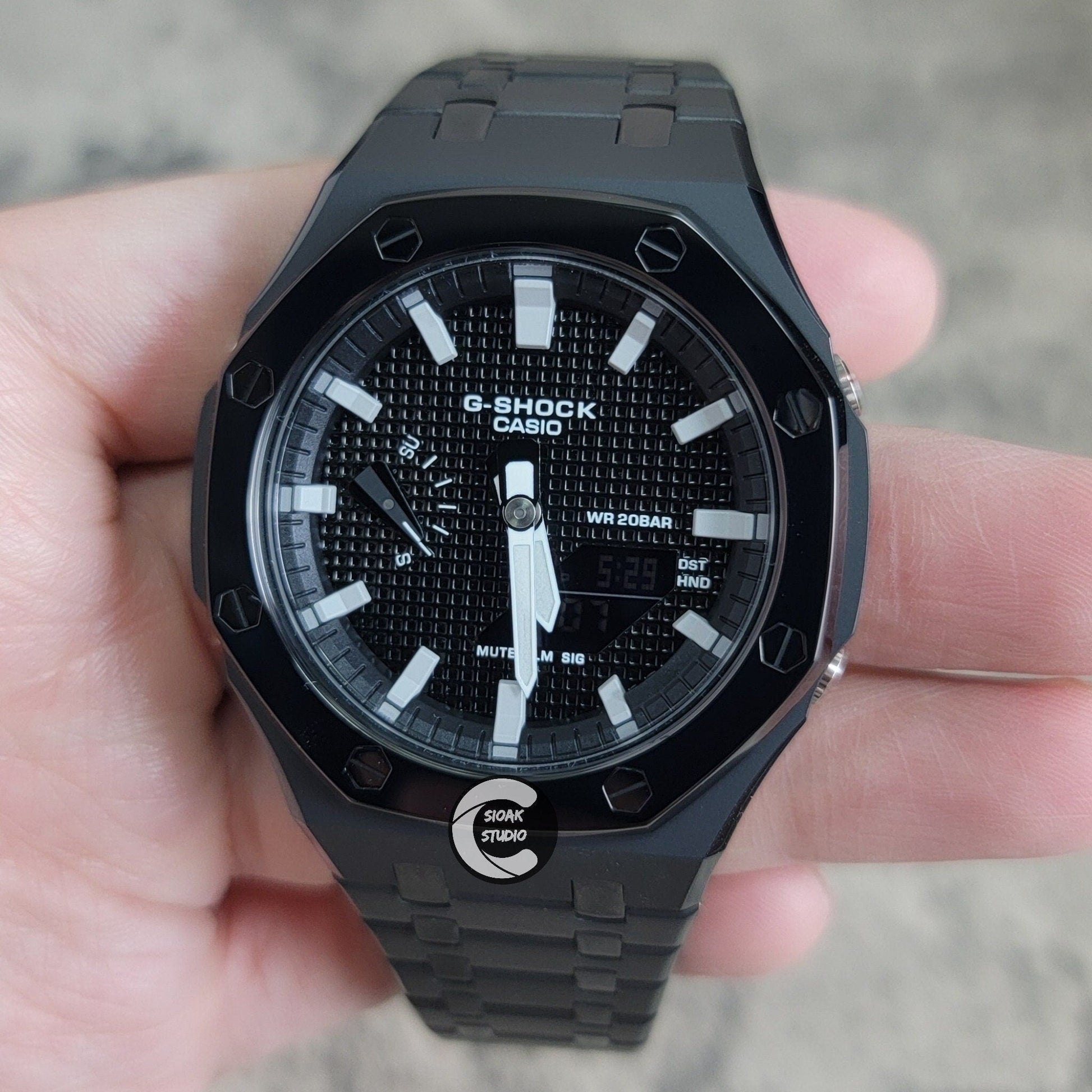 Casioak Mod Watch Polished Black Case Metal Strap Black Grey Time Mark Black Waffle Dial 44mm - Casioak Studio