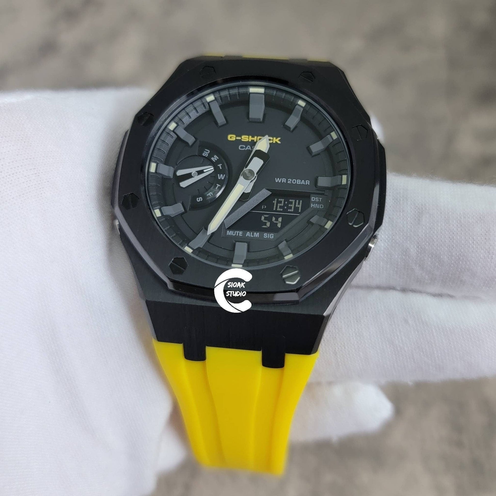 Casioak Mod Watch Black Case Yellow Rubber Strap Black Gray Time Mark Black Dial 44mm - Casioak Studio