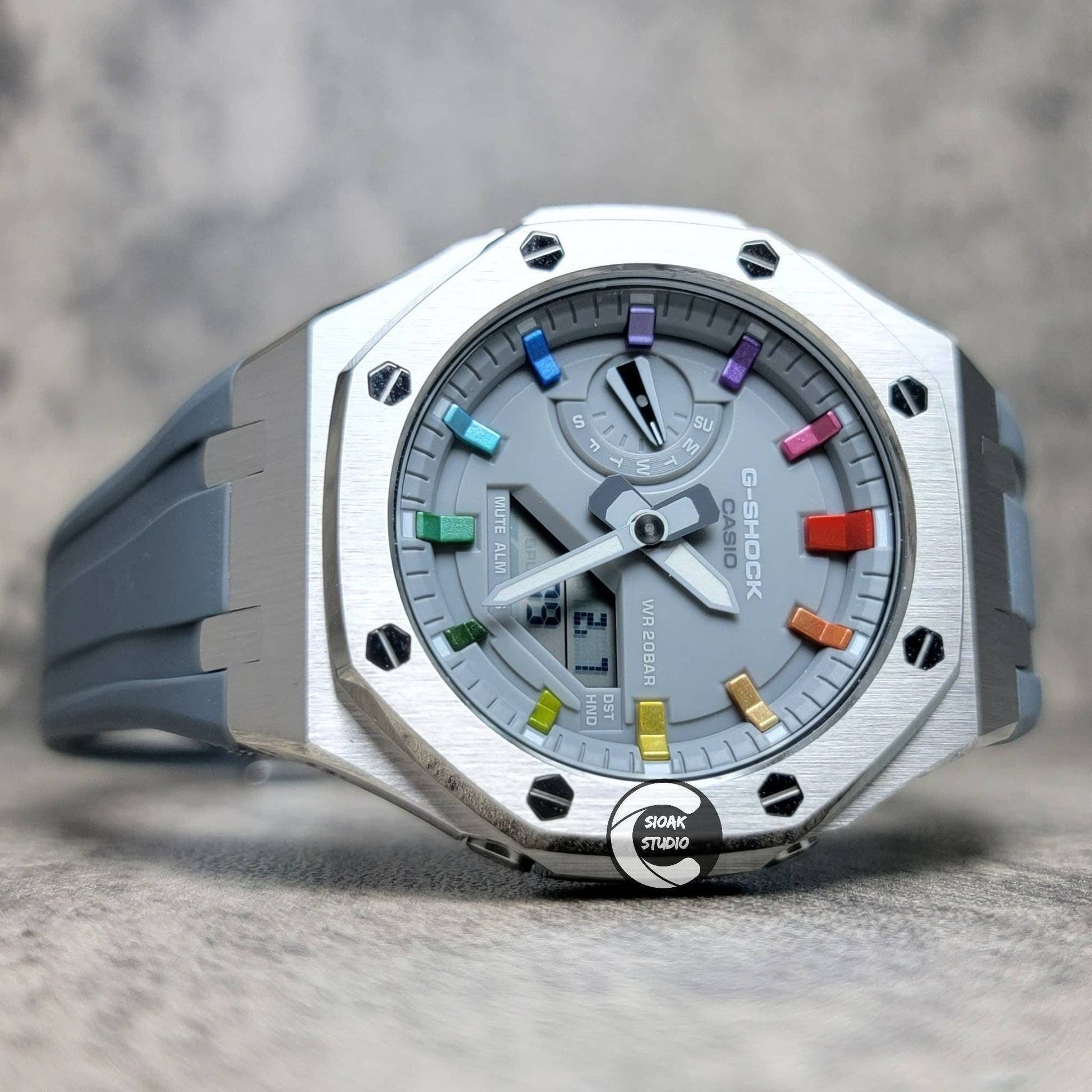 Casioak Mod Watch Silver Case Gray Rubber Strap Gray  Rainbow Time Mark Gray Dial 44mm - Casioak Studio