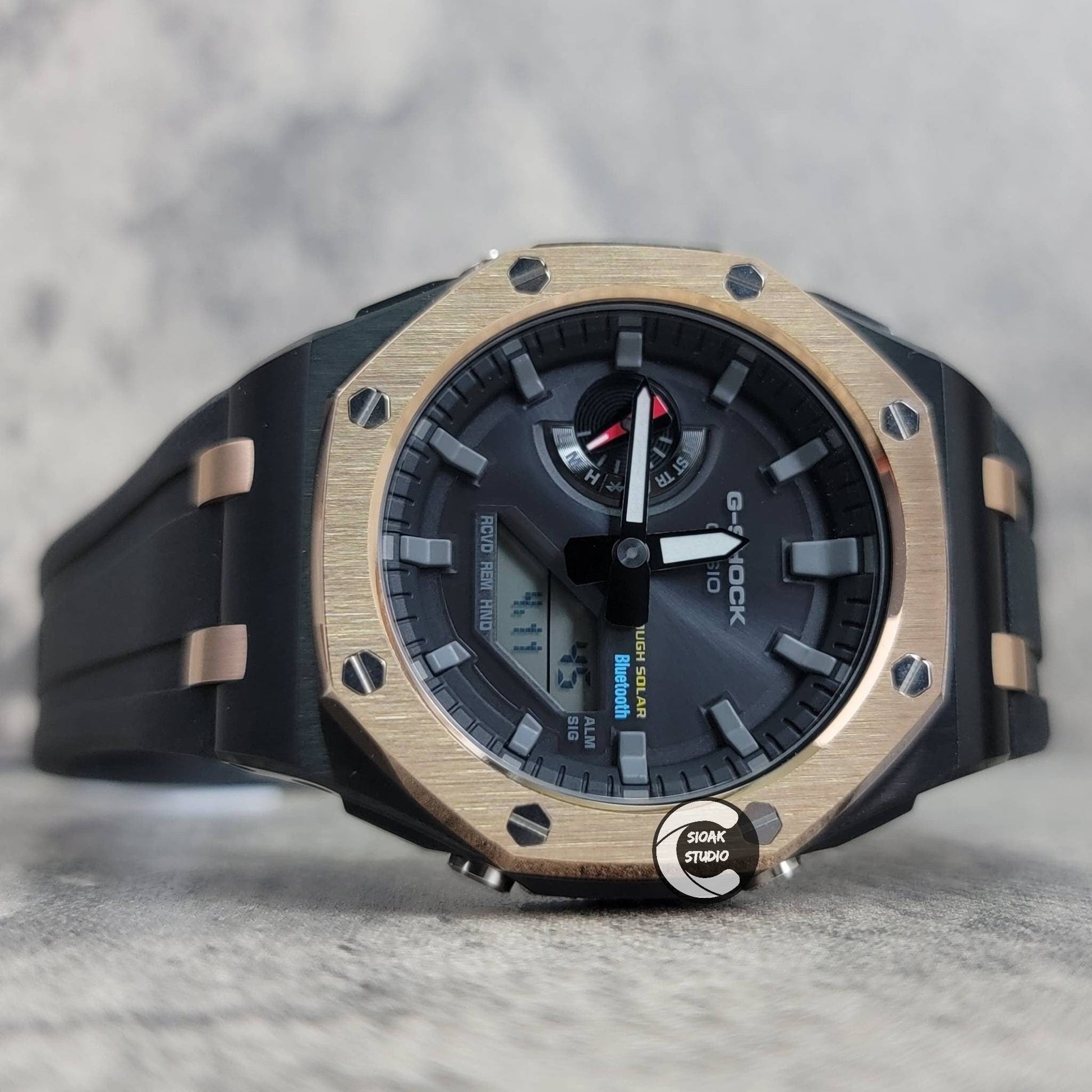 Casioak Mod Watch Solar Bluetooth Offshore Superior Rose Gold Black Case Black Rubber Strap Black Gray Time Mark Black Dial 44mm - Casioak Studio