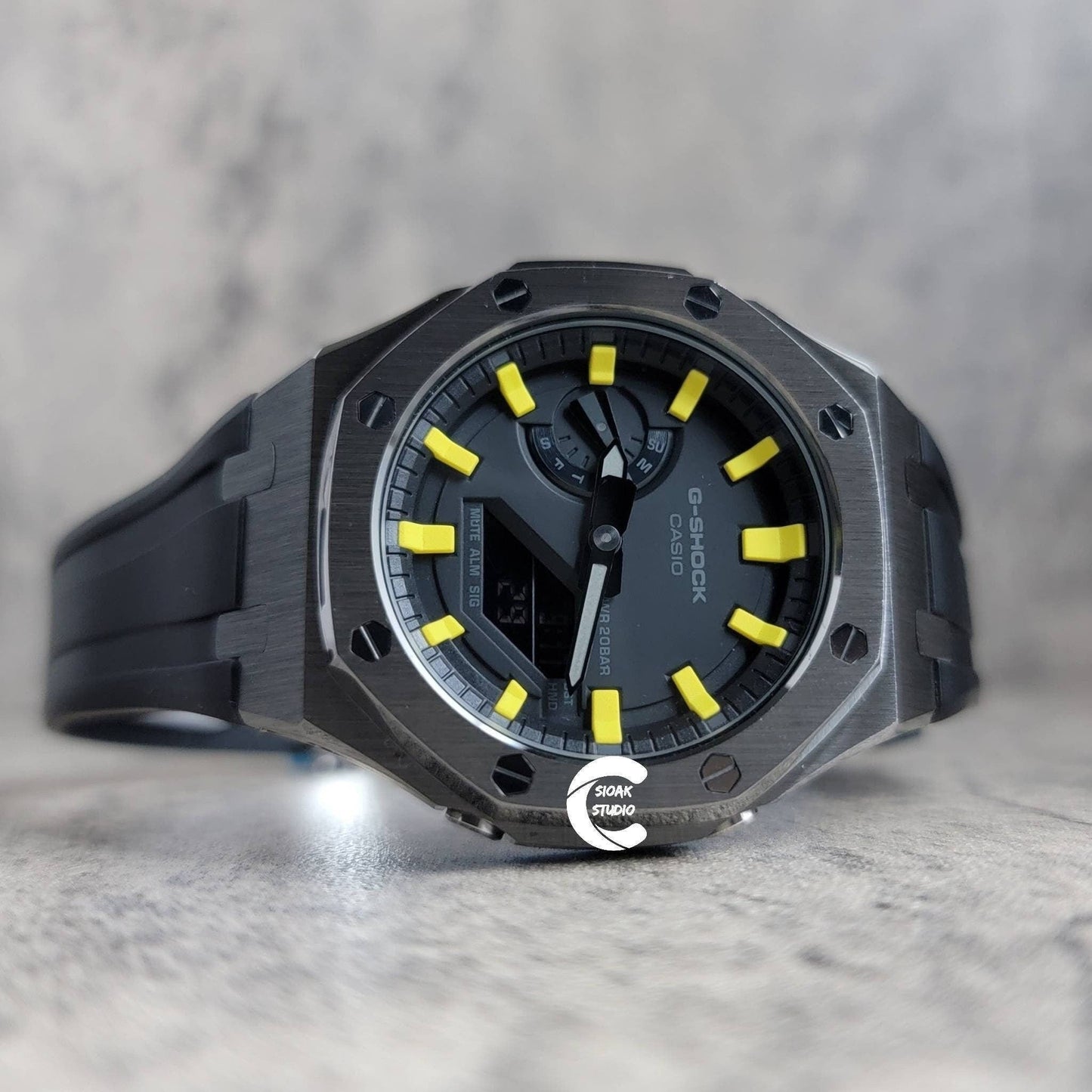 Casioak Mod Watch Gray Case Black Rubber Strap Black Yellow Time Mark Black Dial 44mm - Casioak Studio