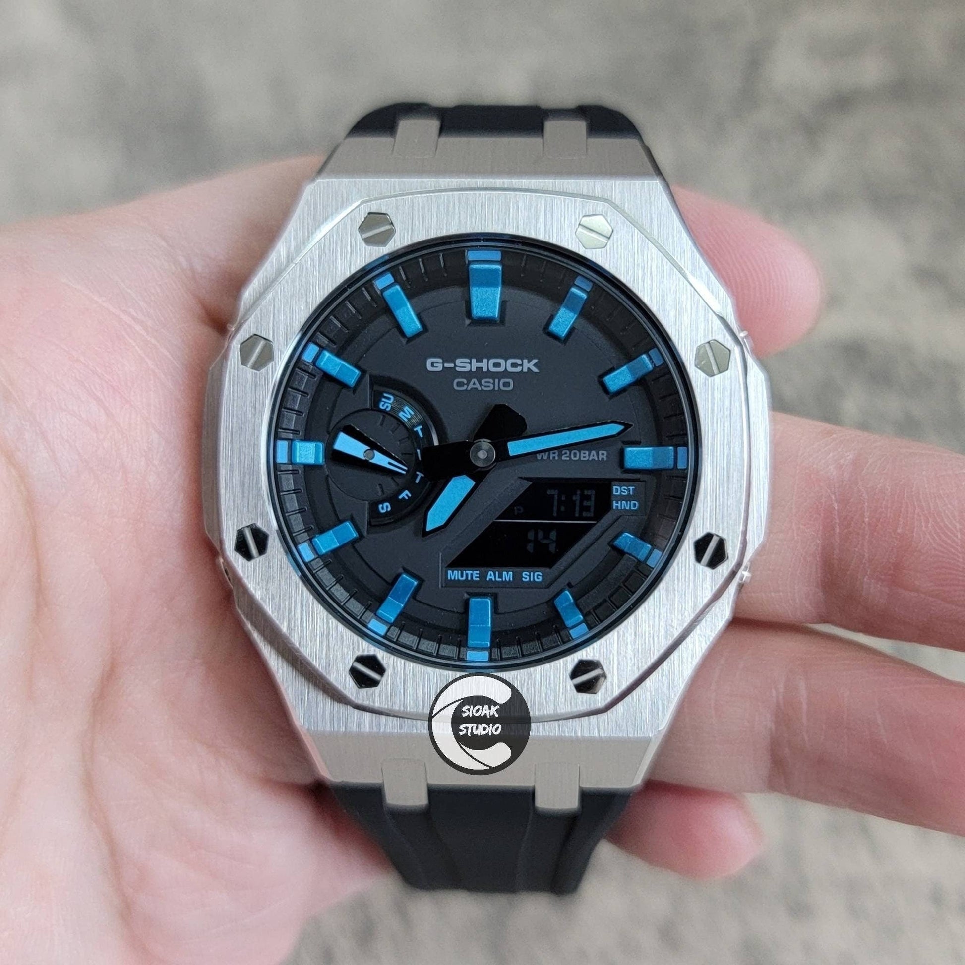 Casioak Mod Watch Silver Case Black Rubber Strap Black  LIght Blue Time Mark Black Dial 44mm - Casioak Studio