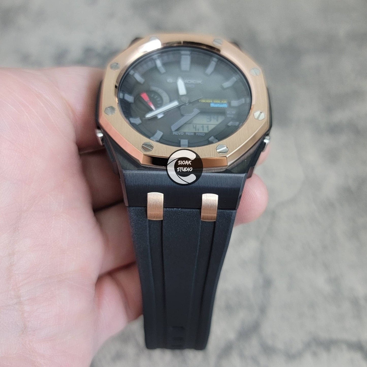 Casioak Mod Watch Solar Bluetooth Offshore Superior Rose Gold Black Case Black Rubber Strap Black Gray Time Mark Black Dial 44mm - Casioak Studio