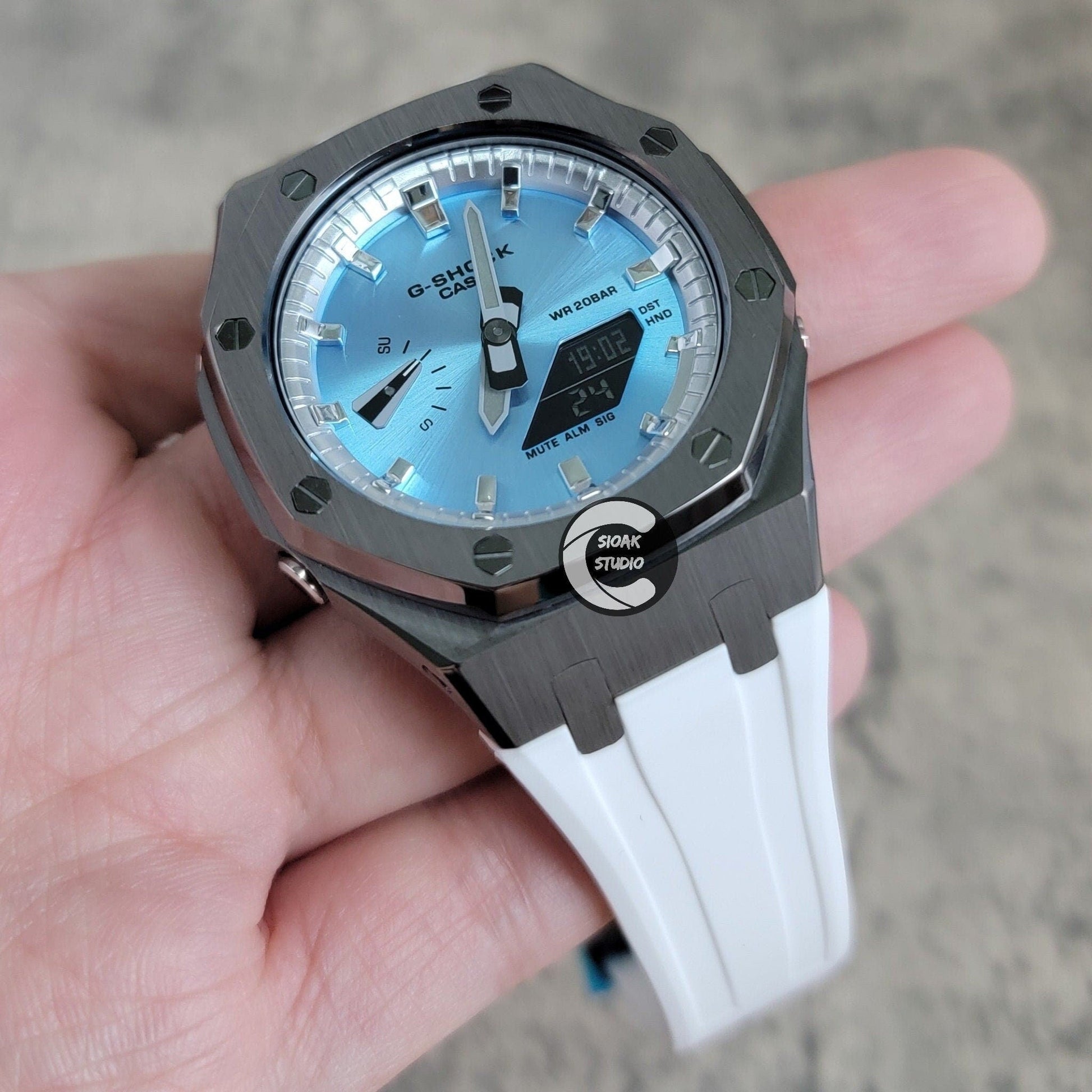 Casioak Mod Watch Gray Case White Rubber Strap Silver Time Mark Ice Blue Dial 44mm - Casioak Studio