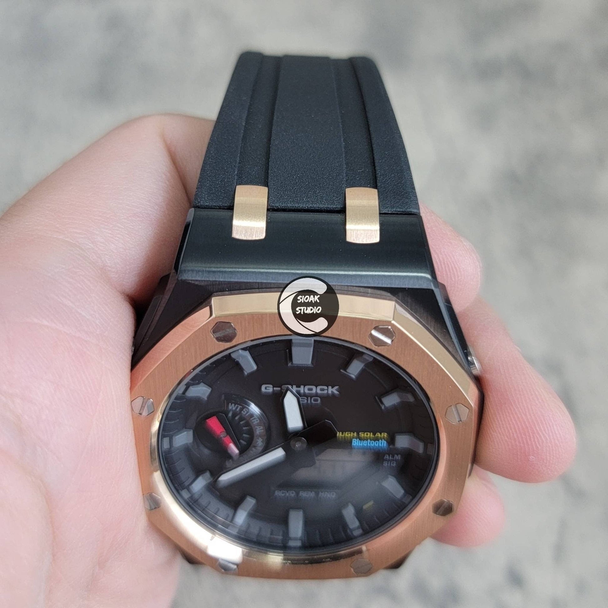 Casioak Mod Watch Solar Bluetooth Offshore Superior Rose Gold Black Case Black Rubber Strap Black Gray Time Mark Black Dial 44mm - Casioak Studio