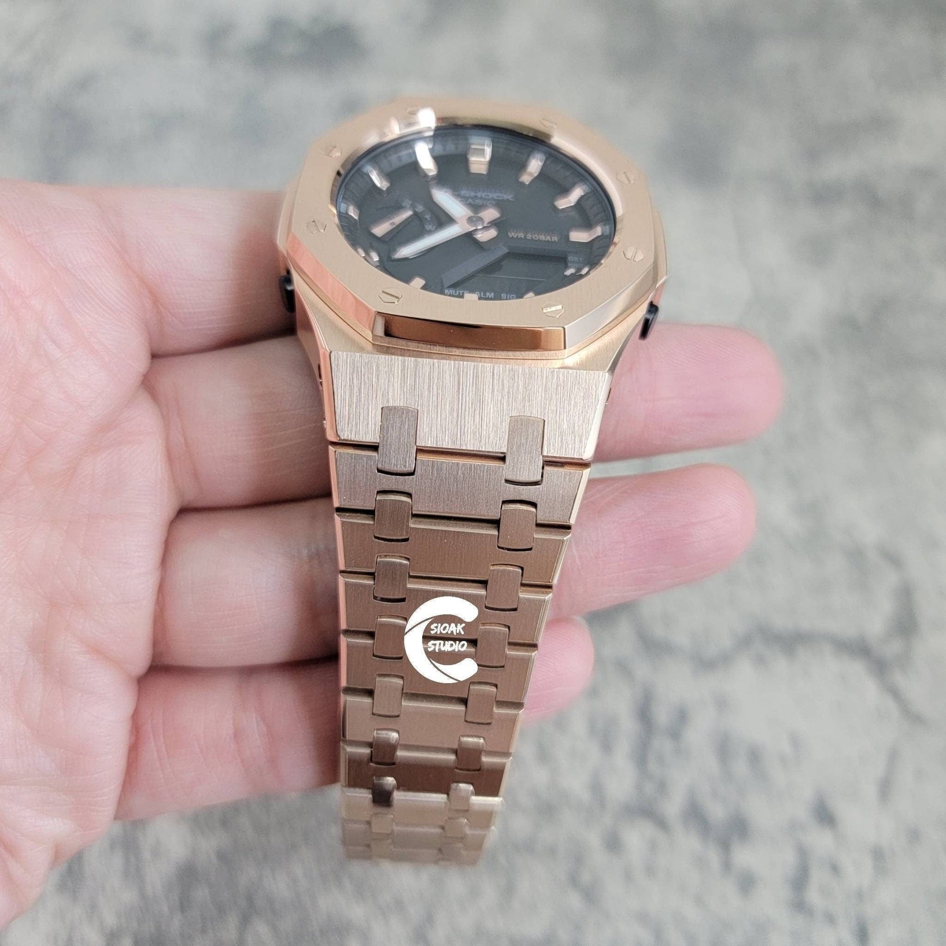 Casioak Mod Watch Rose Gold Case Metal Strap Black Gold Time Mark Black Rose Gold Dial 42mm - Casioak Studio