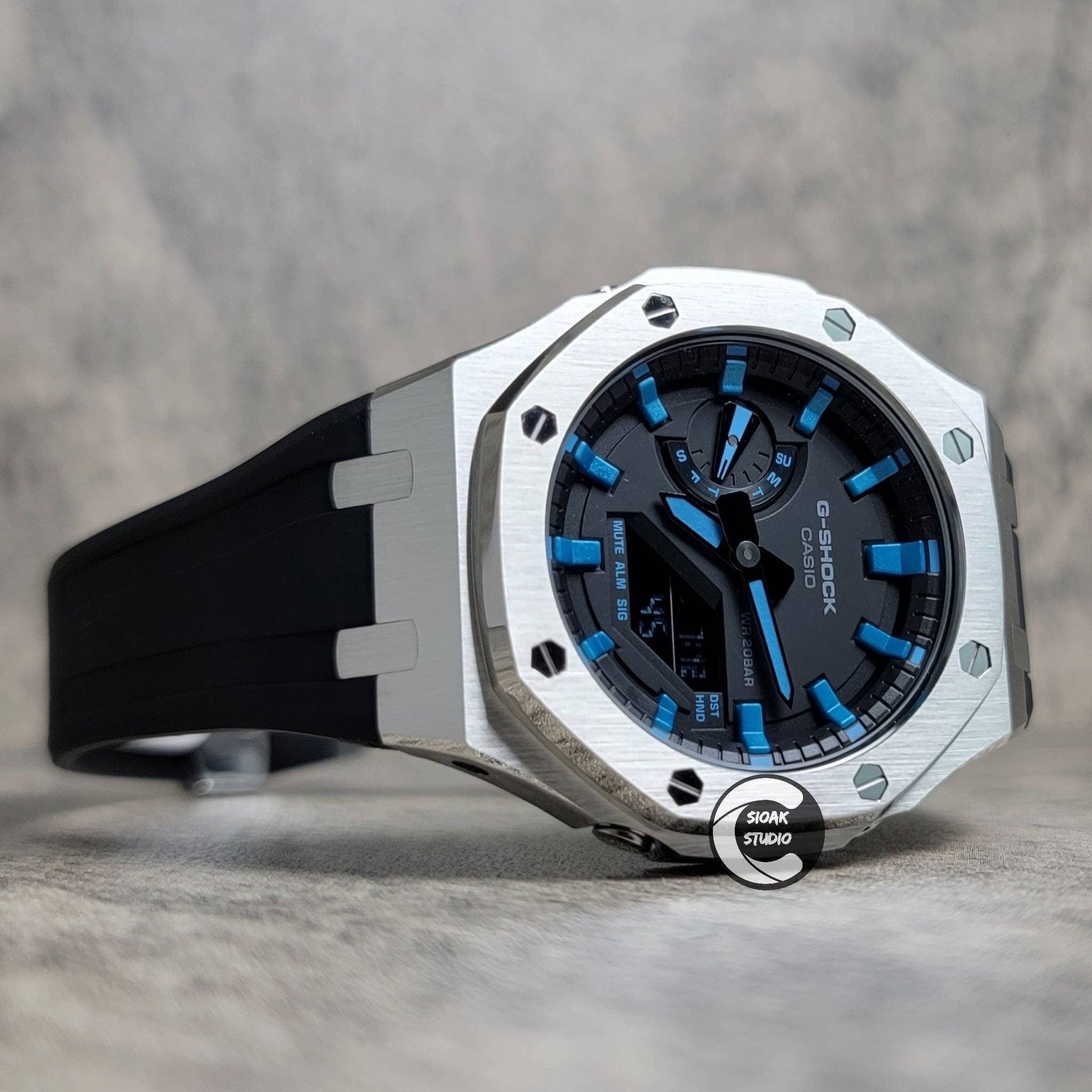 Casioak Mod Watch Silver Case Black Rubber Strap Black  LIght Blue Time Mark Black Dial 44mm - Casioak Studio