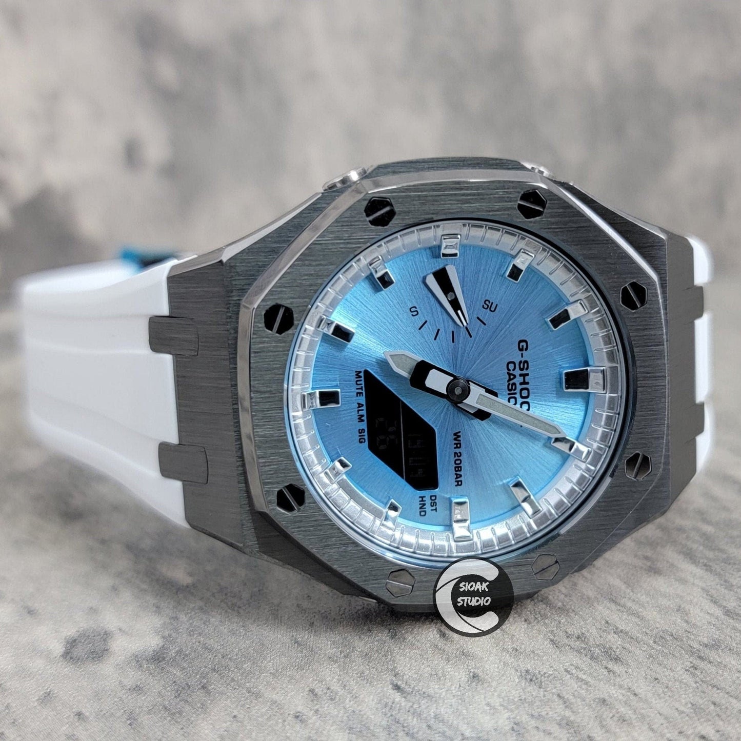 Casioak Mod Watch Gray Case White Rubber Strap Silver Time Mark Ice Blue Dial 44mm - Casioak Studio