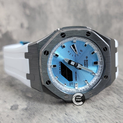 Casioak Mod Watch Gray Case White Rubber Strap Silver Time Mark Ice Blue Dial 44mm - Casioak Studio