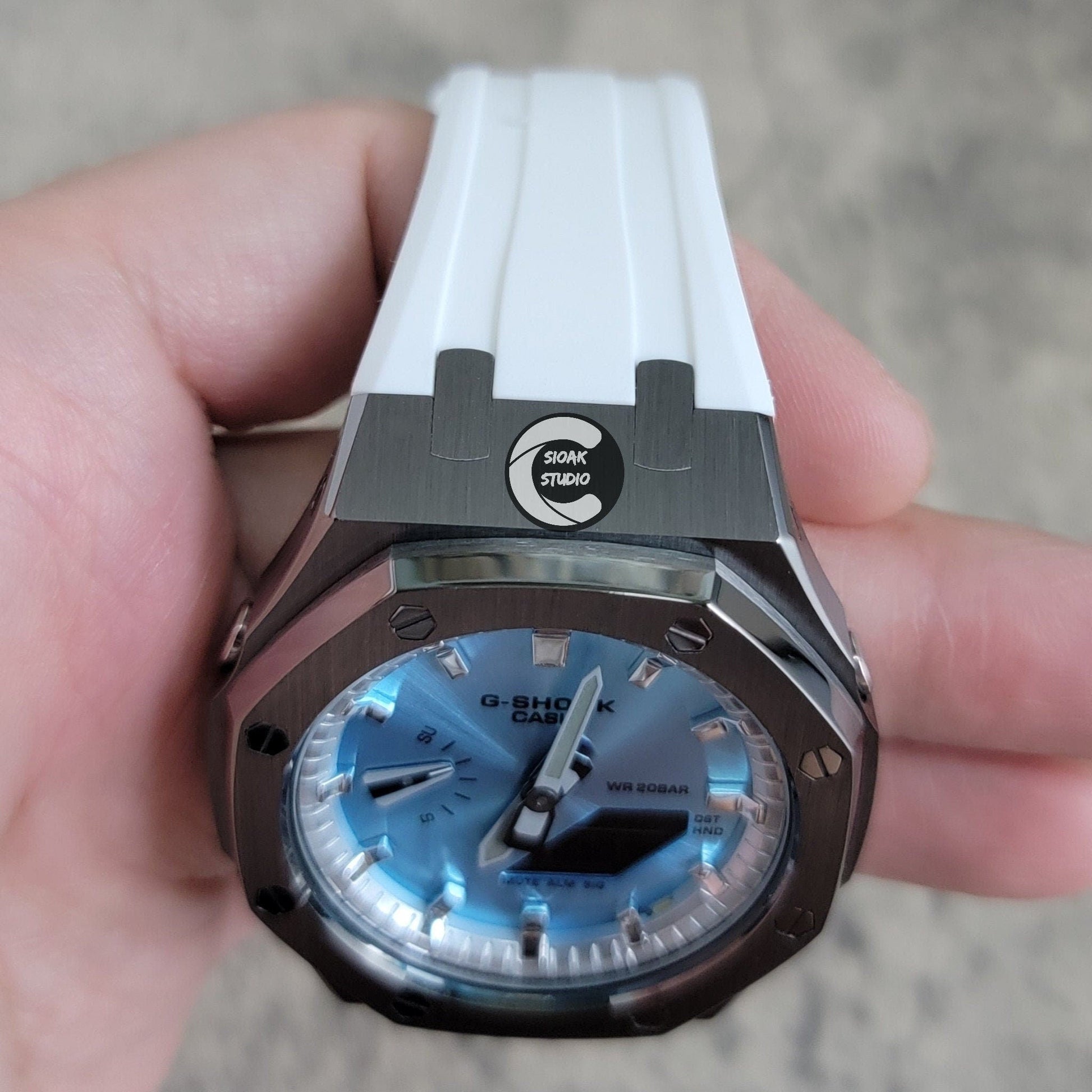 Casioak Mod Watch Gray Case White Rubber Strap Silver Time Mark Ice Blue Dial 44mm - Casioak Studio