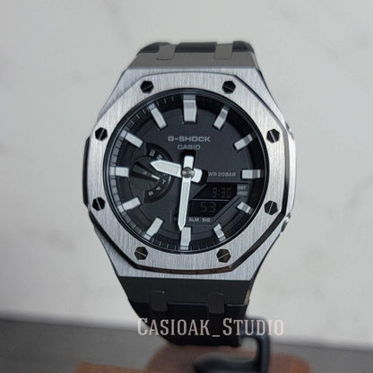 Casioak Mod Watch Gray Case Black Rubber Strap Black Light Gray Time Mark Black Dial 44mm - Casioak Studio