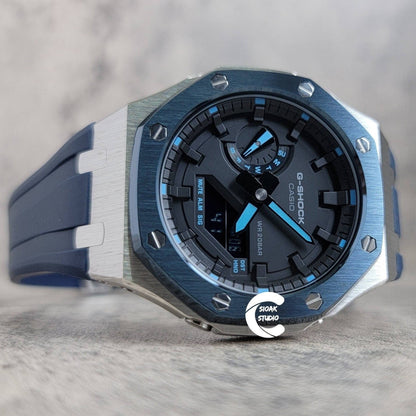 Casioak Mod Watch Blue Silver Case Blue Rubber Strap Black Time Mark Black Dial 44mm - Casioak Studio