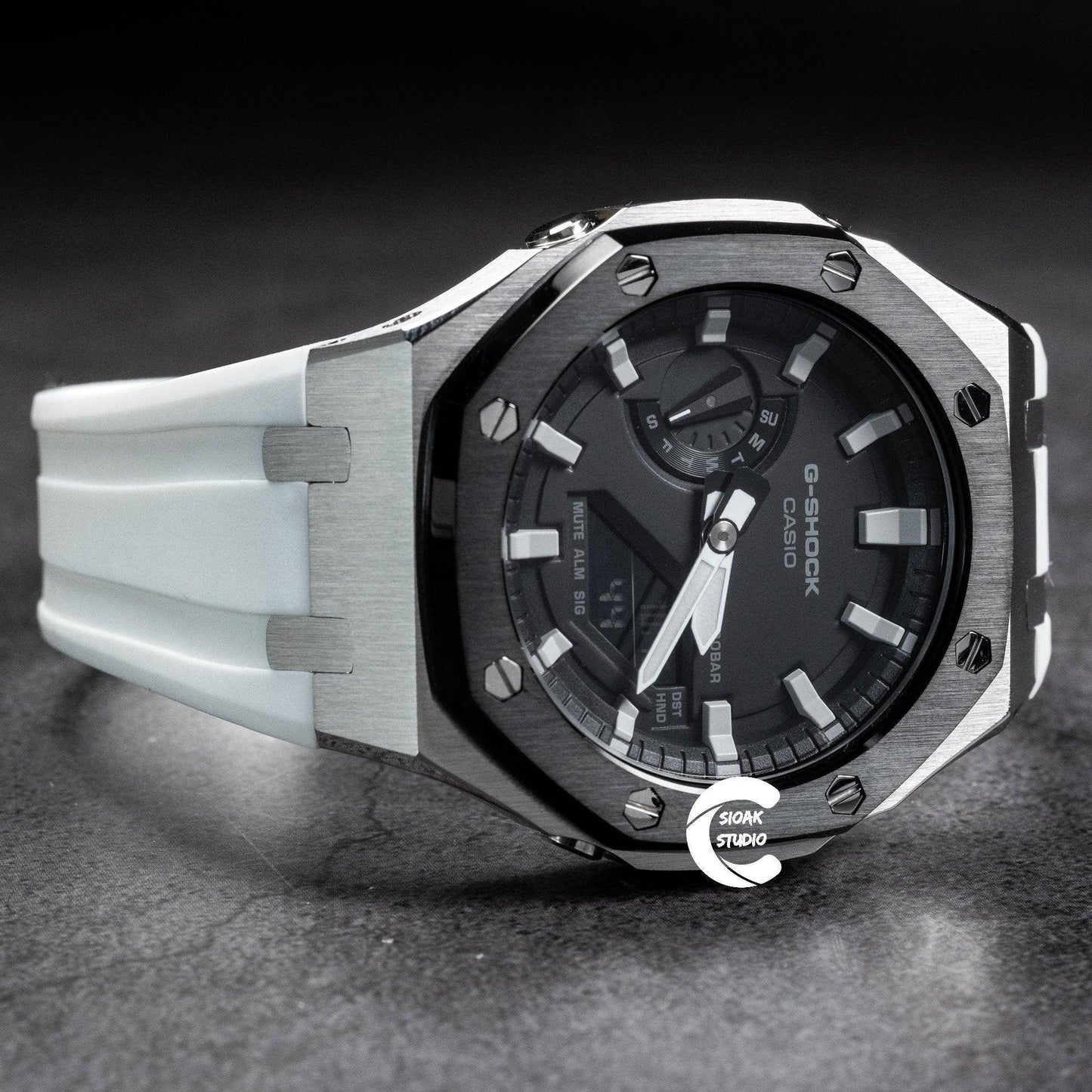 Casioak Mod Watch Black Silver Case White Rubber Strap Black Light Gray Time Mark Black Dial 44mm - Casioak Studio