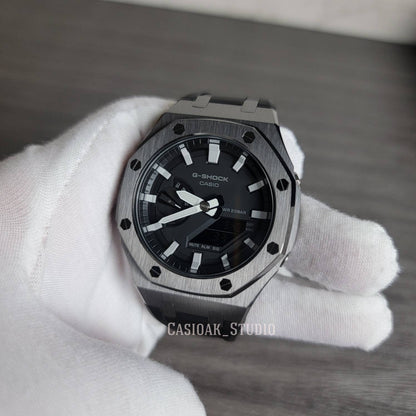 Casioak Mod Watch Gray Case Black Rubber Strap Black Light Gray Time Mark Black Dial 44mm - Casioak Studio