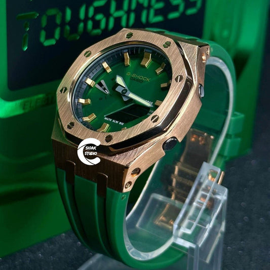 Casioak Mod Watch Rose Gold Case Green Rubber Strap Black Gold Time Mark Green Dial 44mm - Casioak Studio