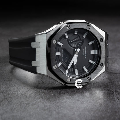 Casioak Mod Watch Black Silver Case White Rubber Strap Black Light Gray Time Mark Black Dial 44mm - Casioak Studio