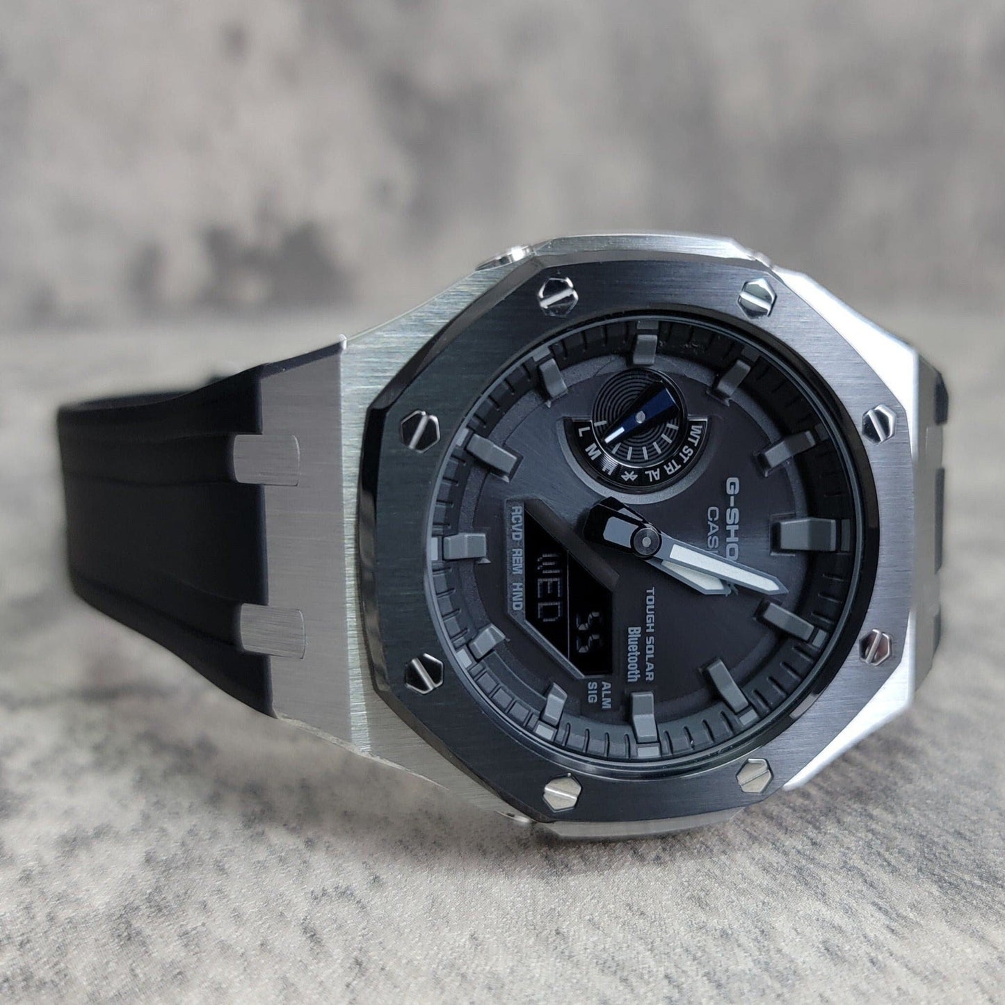 Casioak Mod Watch Solar Bluetooth Black Silver Case Black Rubber Strap Black Gray Time Mark Black Gray Dial 44mm G SHOCK CUSTOM - Casioak Studio