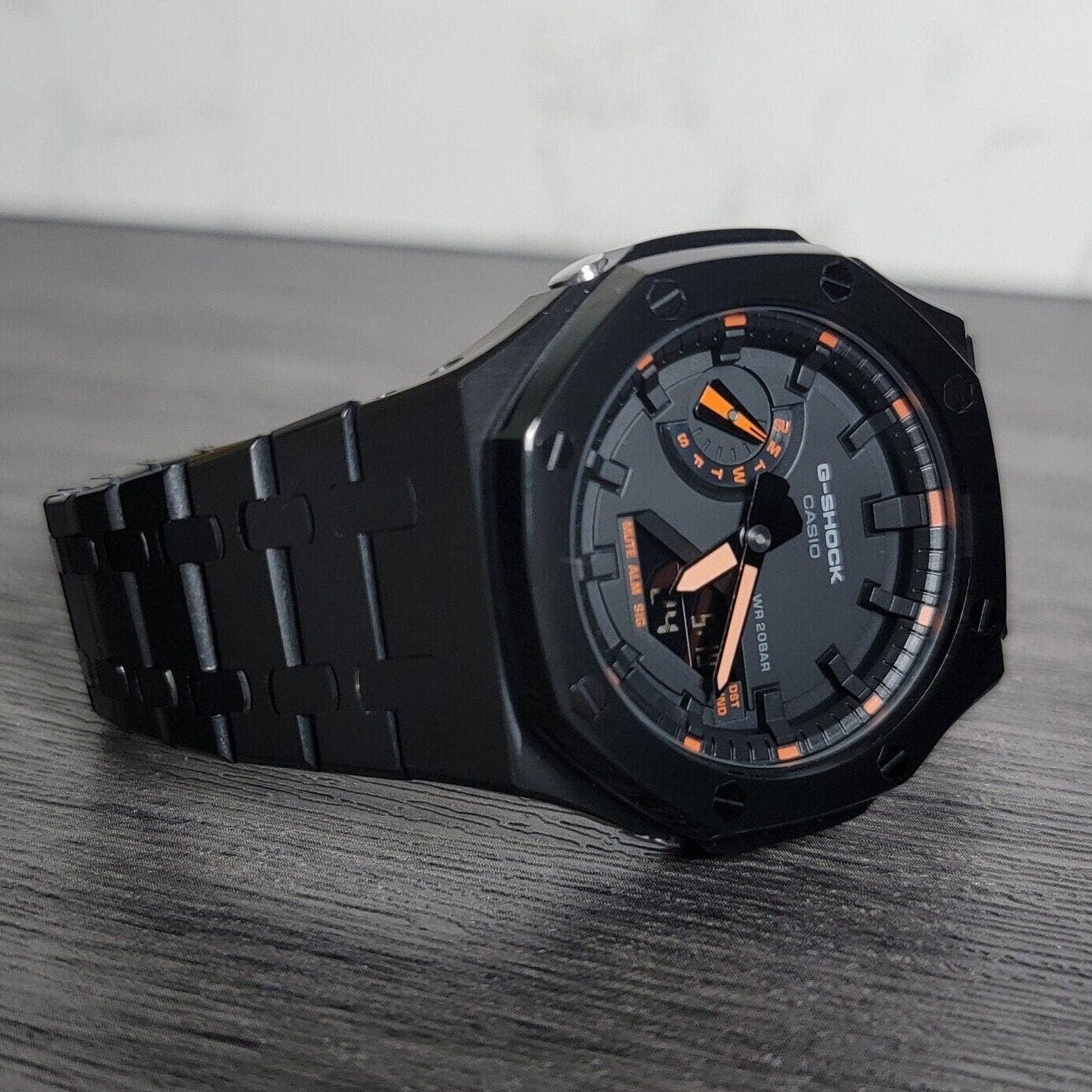 Casioak Mod Watch Black Case Metal Strap Black Time Mark Black Dial 44mm Orange - Casioak Studio