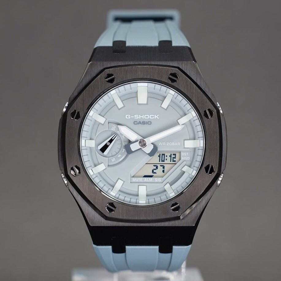 Casioak Mod Watch Black Case Gray Rubber Strap Gray Luminous Time Mark Gray Dial 44mm - Casioak Studio