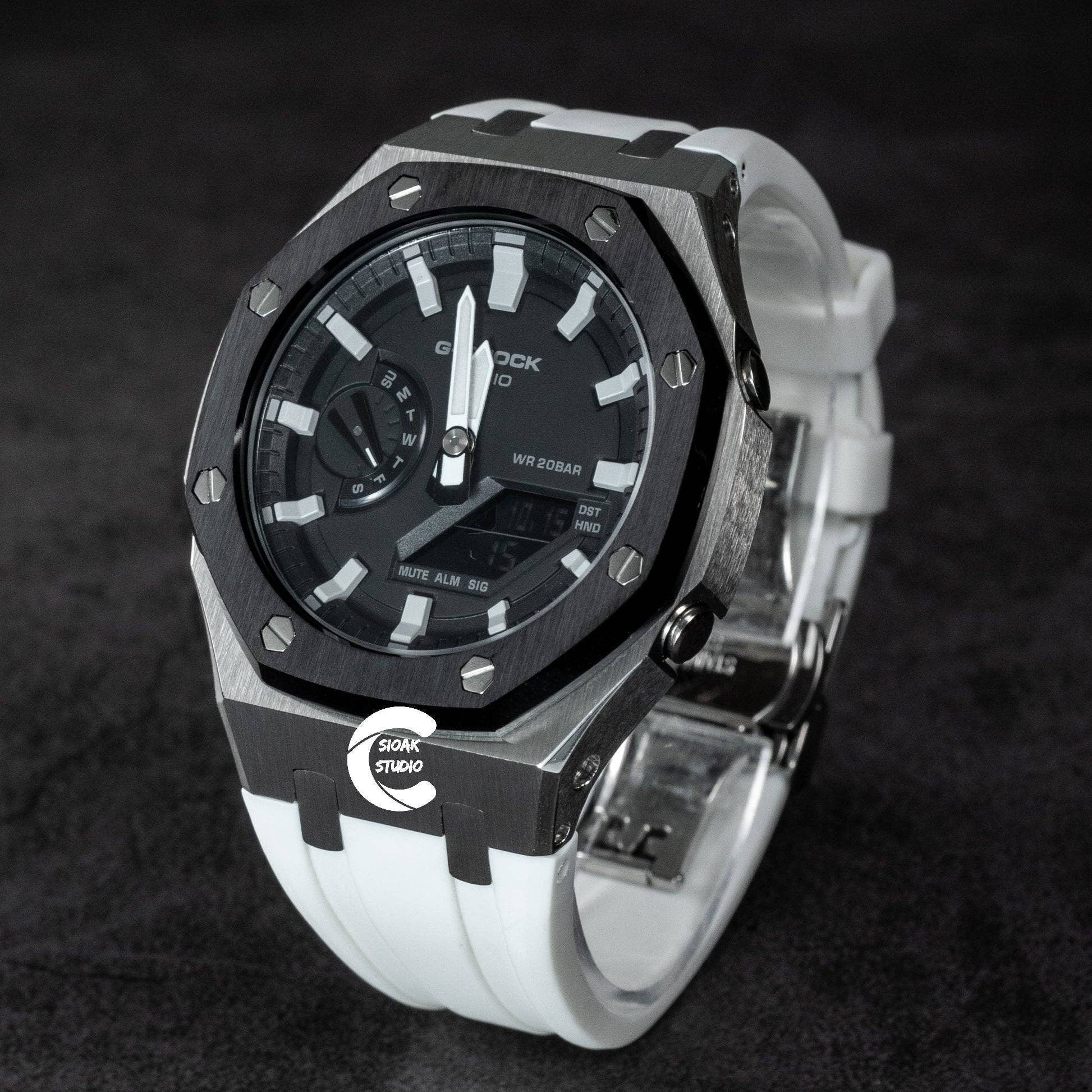 Casioak Mod Watch Black Silver Case White Rubber Strap Black Light Gray Time Mark Black Dial 44mm - Casioak Studio