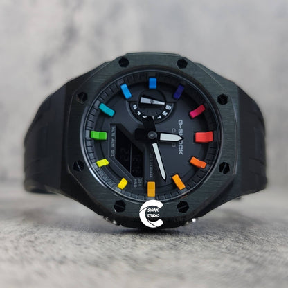 Casioak Mod Watch Black Case Black Rubber Strap Black Rainbow Time Mark Black Dial 44mm - Casioak Studio