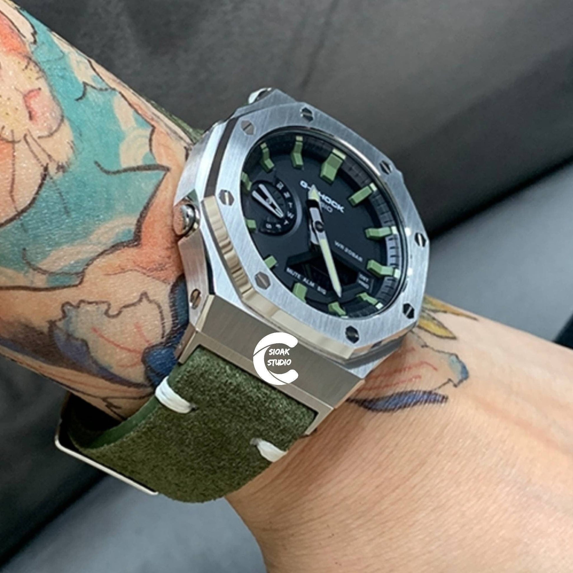 Casioak Mod Watch Silver Case Green Leather Strap Black Green Time Mark Black Dial 44mm - Casioak Studio