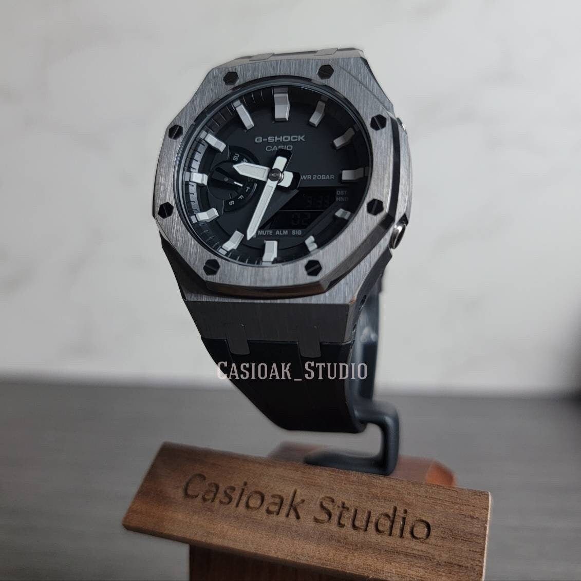 Casioak Mod Watch Gray Case Black Rubber Strap Black Light Gray Time Mark Black Dial 44mm - Casioak Studio