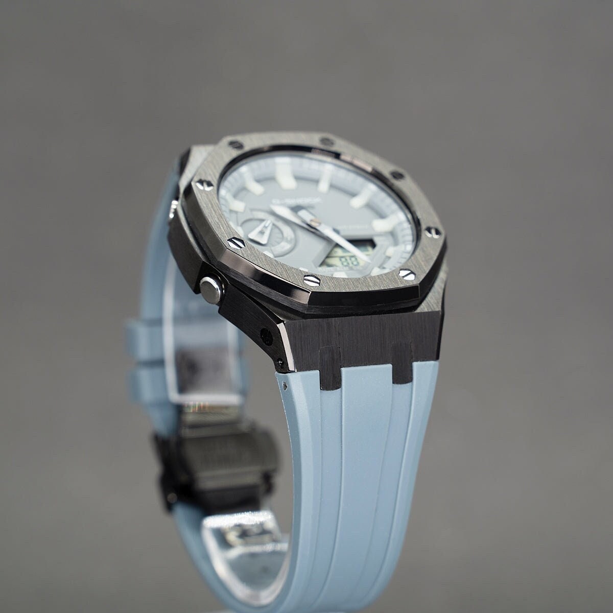 Casioak Mod Watch Black Case Gray Rubber Strap Gray Luminous Time Mark Gray Dial 44mm - Casioak Studio