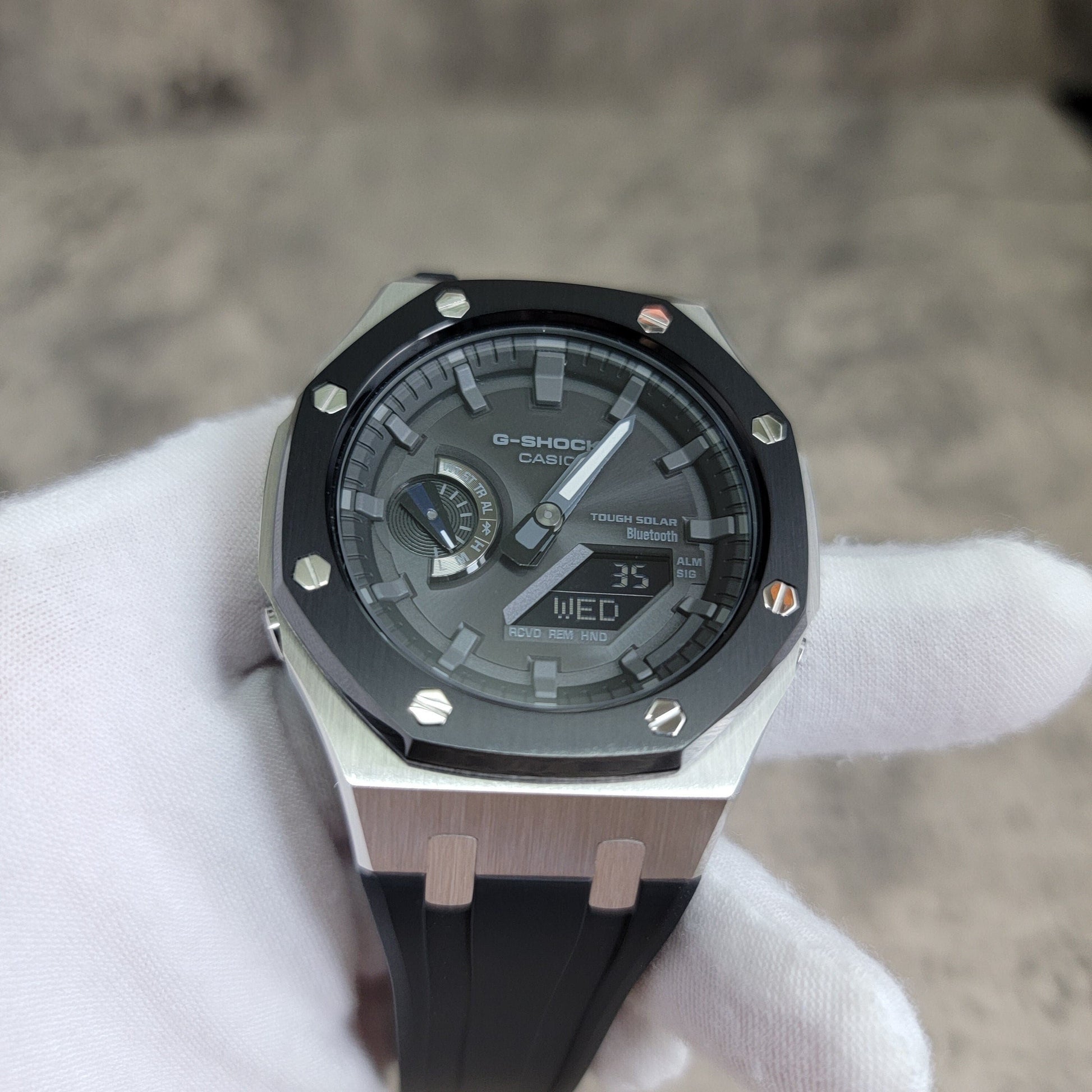 Casioak Mod Watch Solar Bluetooth Black Silver Case Black Rubber Strap Black Gray Time Mark Black Gray Dial 44mm G SHOCK CUSTOM - Casioak Studio