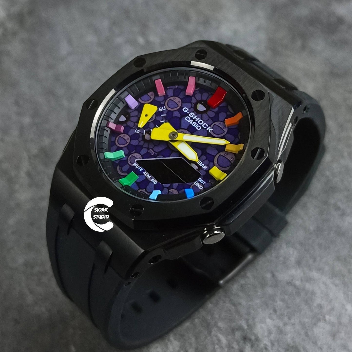 Casioak Mod Watch Offshore Superior Black Case Black Rubber Strap Black Rainbow Time Mark Takashi Murakami Dial 44mm - Casioak Studio