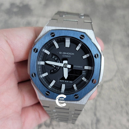 Casioak Mod Watch Blue Silver Case Metal Strap Black White Time Mark Black Dial 44mm - Casioak Studio